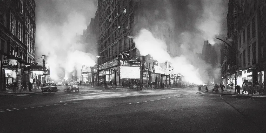 Image similar to a high resolution photo of a new york street at night on fire surrounded with smoke and cars with bright headlights by robert capa, realistic photo, leica, cinematic lighting, magnum award winning photograph, parallax photography,