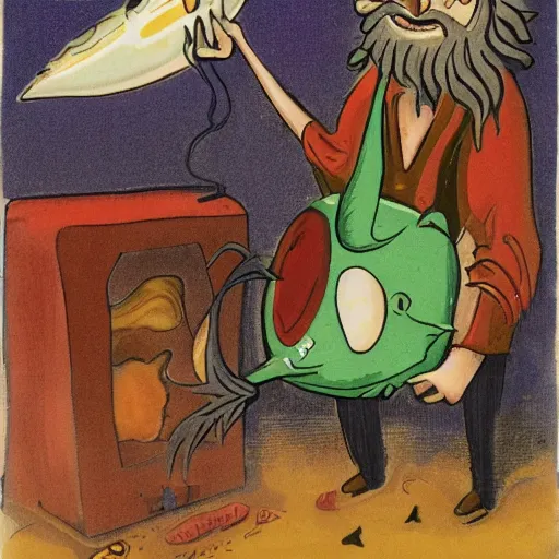 Prompt: dreaming wizard smoking a fish