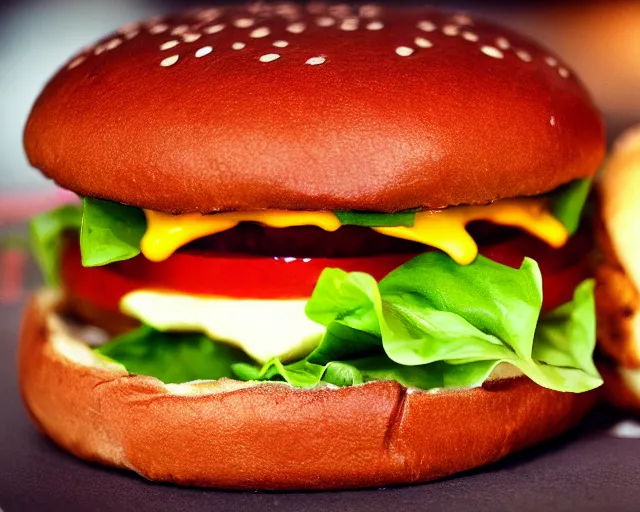 Prompt: juicy burger from a fast food restaurant, depth of field, food photography, street photography, isometric, tasty, mcdonalds, wide shot, studio, bokeh, gmaster, cooking, realistic, food, kodak, sony, canon