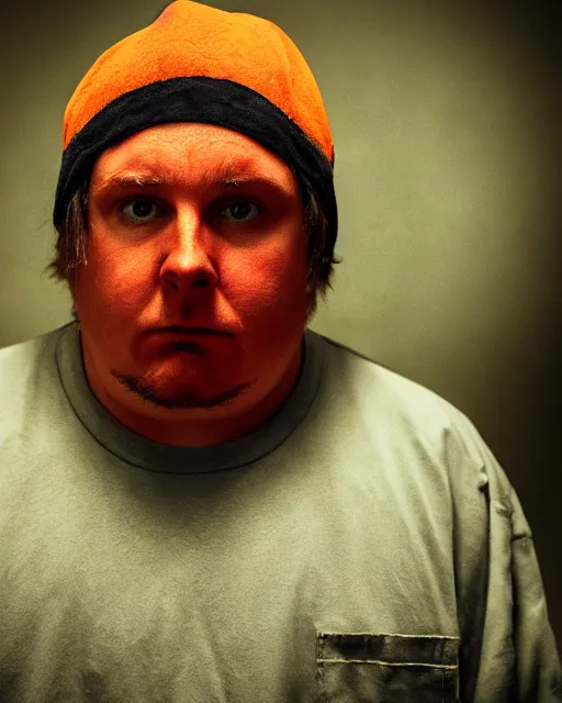 Image similar to prison mugshot of real - life eric cartman, bright flash, orange prison shirt, low saturation, somber expression, filthy hair, rugged textured face, soft vignette, soft focus, 5 0 mm, 4 k, nypd