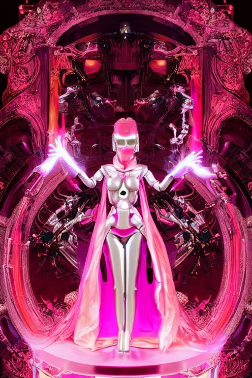 Image similar to full-body baroque and bladerunner style pink neon and chrome statue of a beautiful pale priestess robot goddess humanoid wearing a see-through silk kimono, glowing peach face, street hoody of red steampunk lasers, emeralds, swirling silver silk fabric. futuristic elements. oozing glowing liquid, full-length view. space robots. human skulls. throne made of bones, intricate artwork by caravaggio. Trending on artstation, octane render, cinematic lighting from the right, hyper realism, octane render, 8k, depth of field, 3D