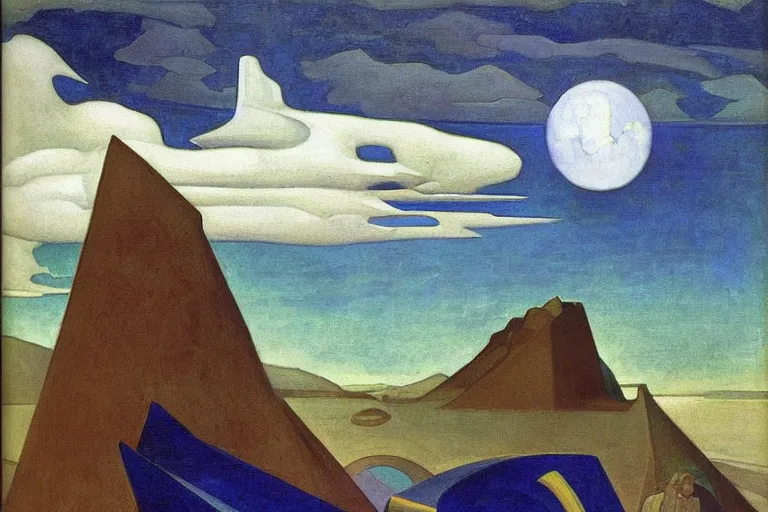 Image similar to the wake of the unseen object,by Nicholas Roerich and William Dyce and Diego Rivera, symbolist, dramatic lighting, elaborate geometric ornament, cool blue and green colors, Art Brut, smooth, sharp focus, extremely detailed