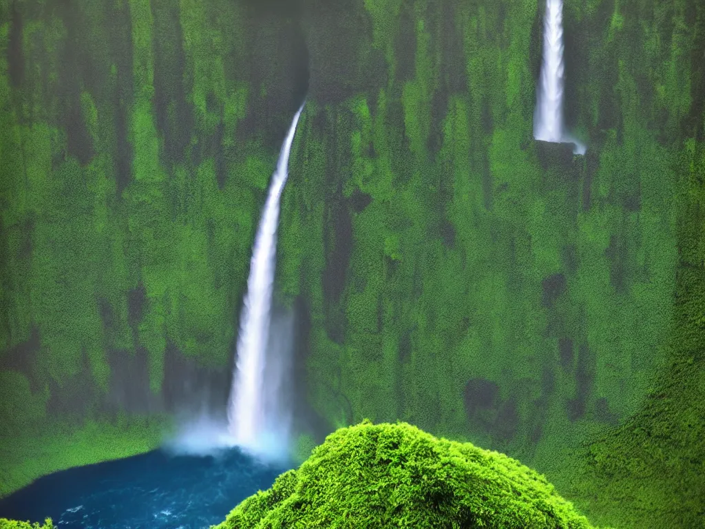 Image similar to akaka falls, maui, view from ground by daniel f. gerhartz and matt stewart, fantasy, photorealistic, octane render, unreal engine, dynamic lighting, perfect, trending on artstation, poster, volumetric lighting, cinematic lighting, hyper realism, high detail, intricate, 4 k, masterpiece