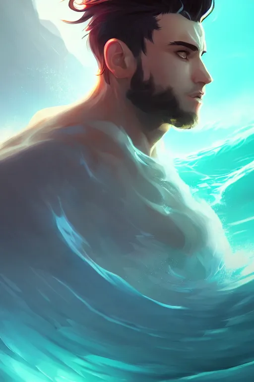 Image similar to the god posideon, male, ocean wave, portrait, sharp focus, digital art, concept art, dynamic lighting, epic composition, subsurface scattering, trending on artstation, by emylie boivin 1. 0, rossdraws 2. 0