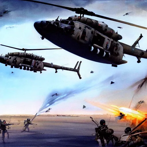 Image similar to a painting of soldiers falling out of a helicopter in the gulf war by Bernardo Bellotto, high detail, hyperrealistic, concept art, artstation, 8k