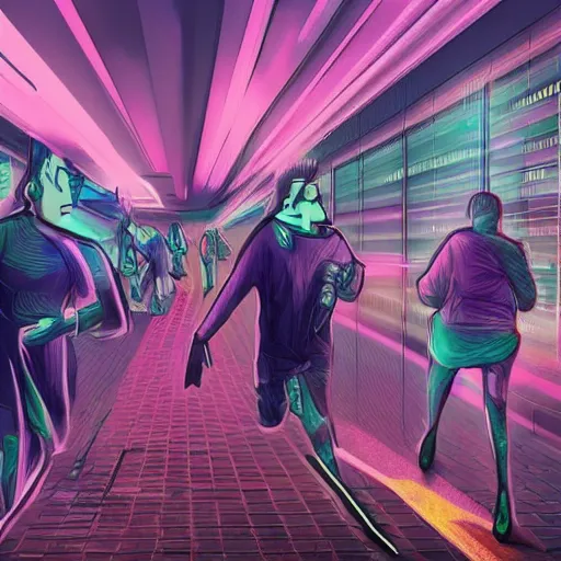 Image similar to people running away from crypto scared, cyberpunk art