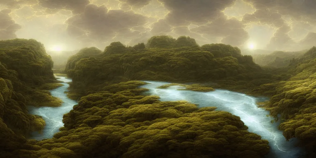 Image similar to digital illustration of the river tethys flowing through an alien landscape, art by Benoit B. Mandelbrot, Steven Belledin, Martin Johnson Heade, Lee Madgwick, and Caspar David Friedrich, a beautifully terraformed alien planet, wide angle, panoramic, fantasy, 8k resolution, deviantart, trending on Artstation, concept art, digital illustration, HDR, Octane, National Geographic Photo