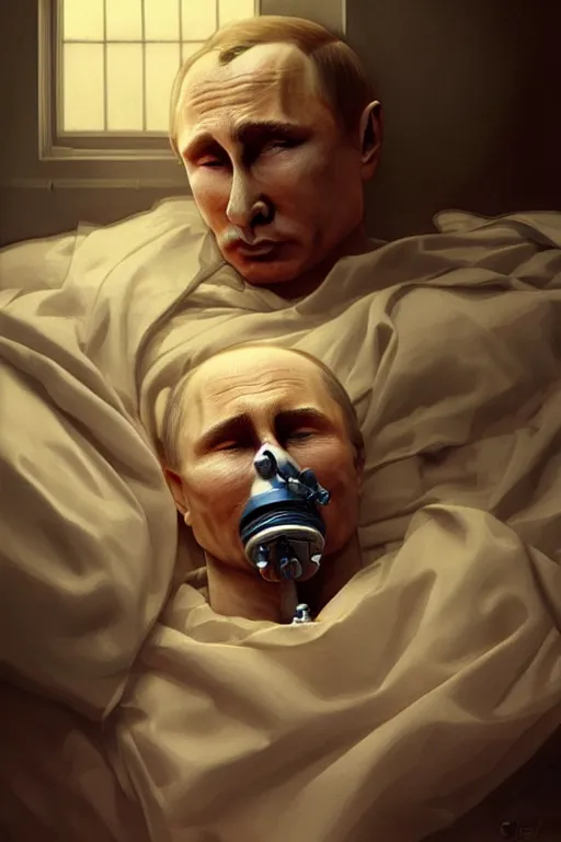 Prompt: Putin sleeps with oxygen mask on a death bed, intricate, portrait, miserable, highly detailed, digital painting, artstation, concept art, smooth, sharp focus, illustration, cinematic lighting, art by artgerm and greg rutkowski and alphonse mucha