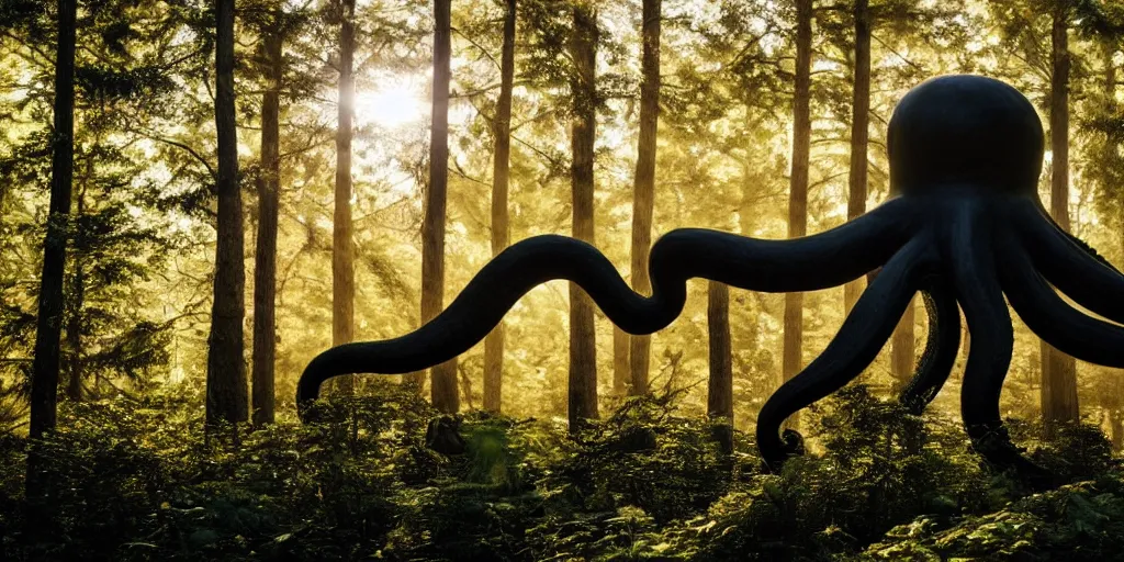 Prompt: a highly detailed giant black octopus god in the middle of a forest, beautiful ambient light, sun rays hitting the slightly transparent creature, golden hour, 8k photography