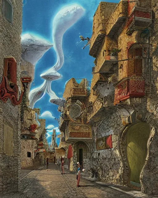 Image similar to conversano, apulia by roger dean, biomechanical, 4 k, hyper detailed