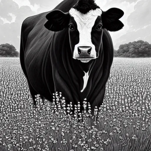 Prompt: portrait of black and white cow, field of sun flowers landscape, rich vivid colors, fantasy, intricate, elegant, highly detailed, digital painting, artstation, concept art, matte, sharp focus, illustration, art by Artgerm and Greg Rutkowski and Alphonse Mucha