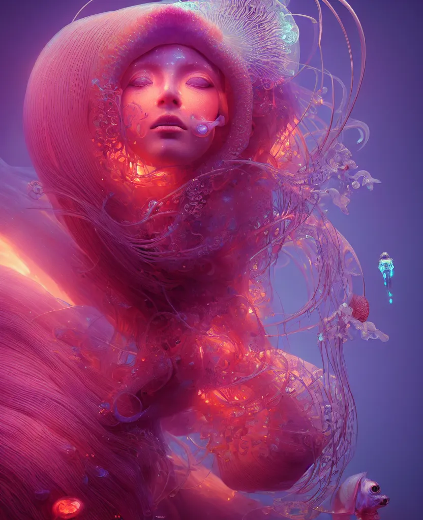 Image similar to goddess close-up portrait. chimera orchid jellyfish phoenix head, nautilus, skull, betta fish, bioluminiscent creatures, intricate artwork by Tooth Wu and wlop and beeple. octane render, trending on artstation, greg rutkowski very coherent symmetrical artwork. cinematic, hyper realism, high detail, octane render, 8k