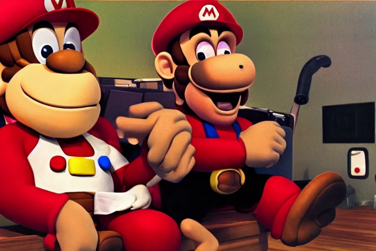 Image similar to a photo made with a disposable camera of Donkey Kong sitting next to Super Mario on the couch while playing a video game