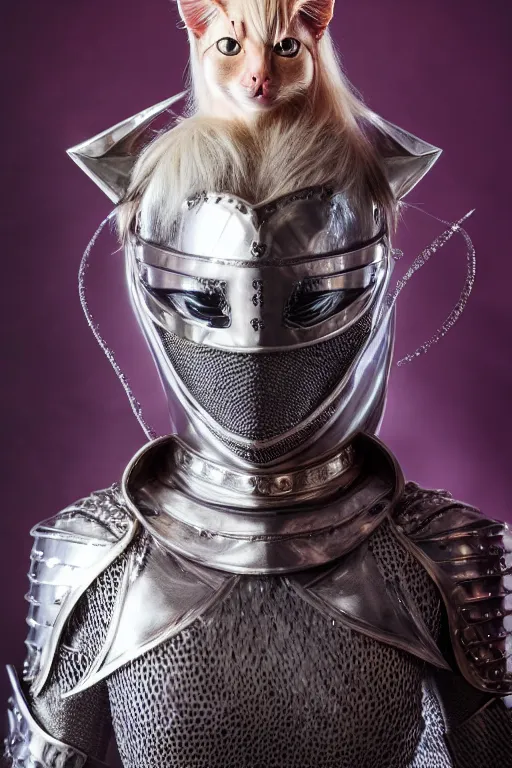 Prompt: female knight wearing a real cat on her head, armor designed by wayne barlowe, swarovski and tiffany, blonde hair, symmetry, sci - fi, cinematic, elegant, luxury, perfect light, perfect composition, dlsr photography, sharp focus, dark fantasy, 8 k, ultra hd, sense of awe, highly detailed, realistic, intricate