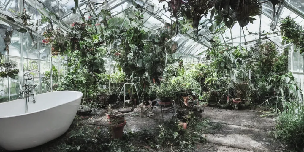 Prompt: greenhouse bathroom, dark, dramatic lighting