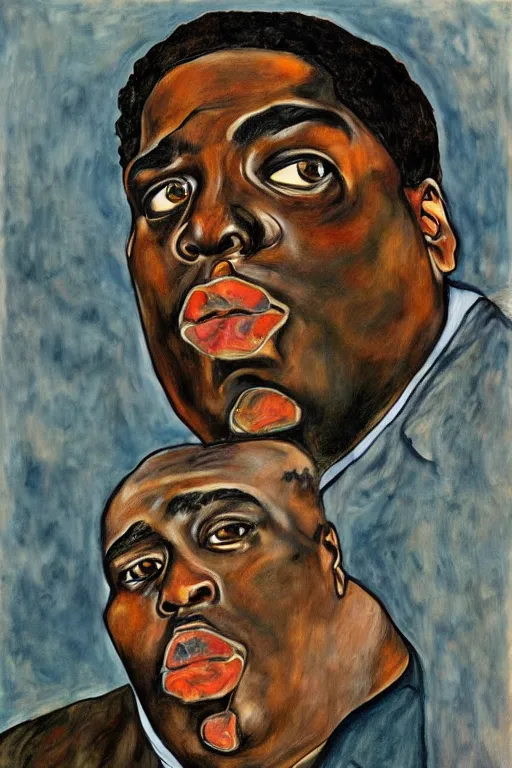 Image similar to a portrait of biggie small in style of egon schiele, masterpiece, hyperdetailed, complex, intricate, 4 k, trending on artstation