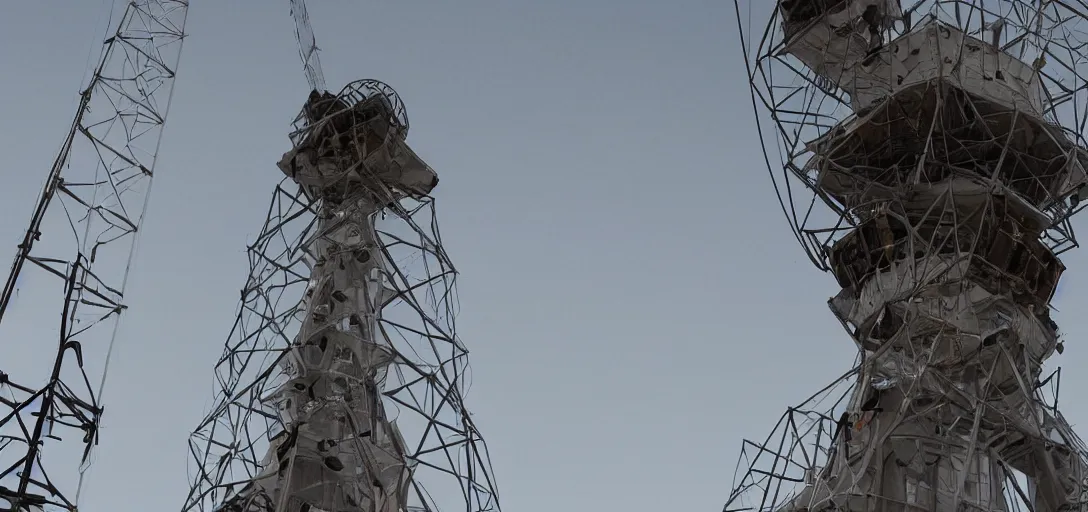 Prompt: Wireless Internet technician looking up from the base of a giant telecommunications tower covered in wireless antennas, getting ready to climb and replace radio. Post apocalypitic landscape, dystopia. Roger Deakins Cinematography, james gurney, james jean, greg rutkowski, anato finnstark. hyper detailed, 35mm, hazy atmospheric lighting volumetric