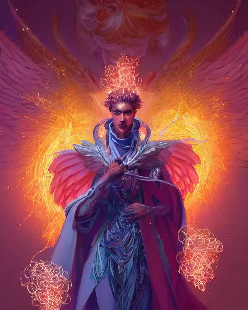 Image similar to a character portrait of only one male angel of justice with golden fiery wings, surrounded with spiriling sparkling rose crystals, by peter mohrbacher, hyper light drifter, by ilya kuvshinov katsuhiro, jim burns, wadim kashin, greg rutkowski, trending on artstation