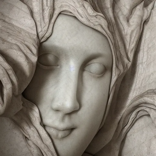 Image similar to “a delicate renaissance marble sculpture covered with water veil, highly detailed transparent marble cloth, gi, global illumination, physically based rendering, photorealistic, cinematic light , dark background”