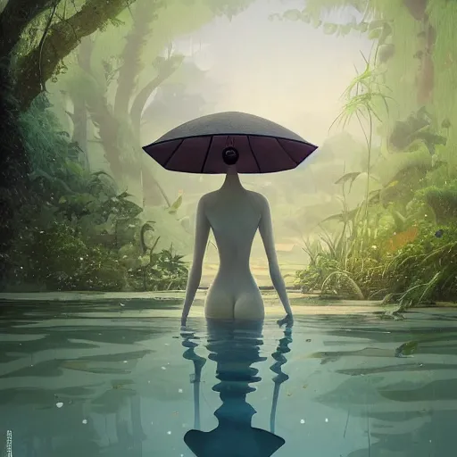 Prompt: Goro Fujita, minimalistic, hyperrealistic surrealism, award winning masterpiece with incredible details, epic stunning, infinity pool, an astronaut alone inside an empty dark flooded ballroom overgrown with aquatic plants, highly detailed, trending on ArtStation, artgerm and greg rutkowski and alphonse mucha, daily deviation, IAMAG