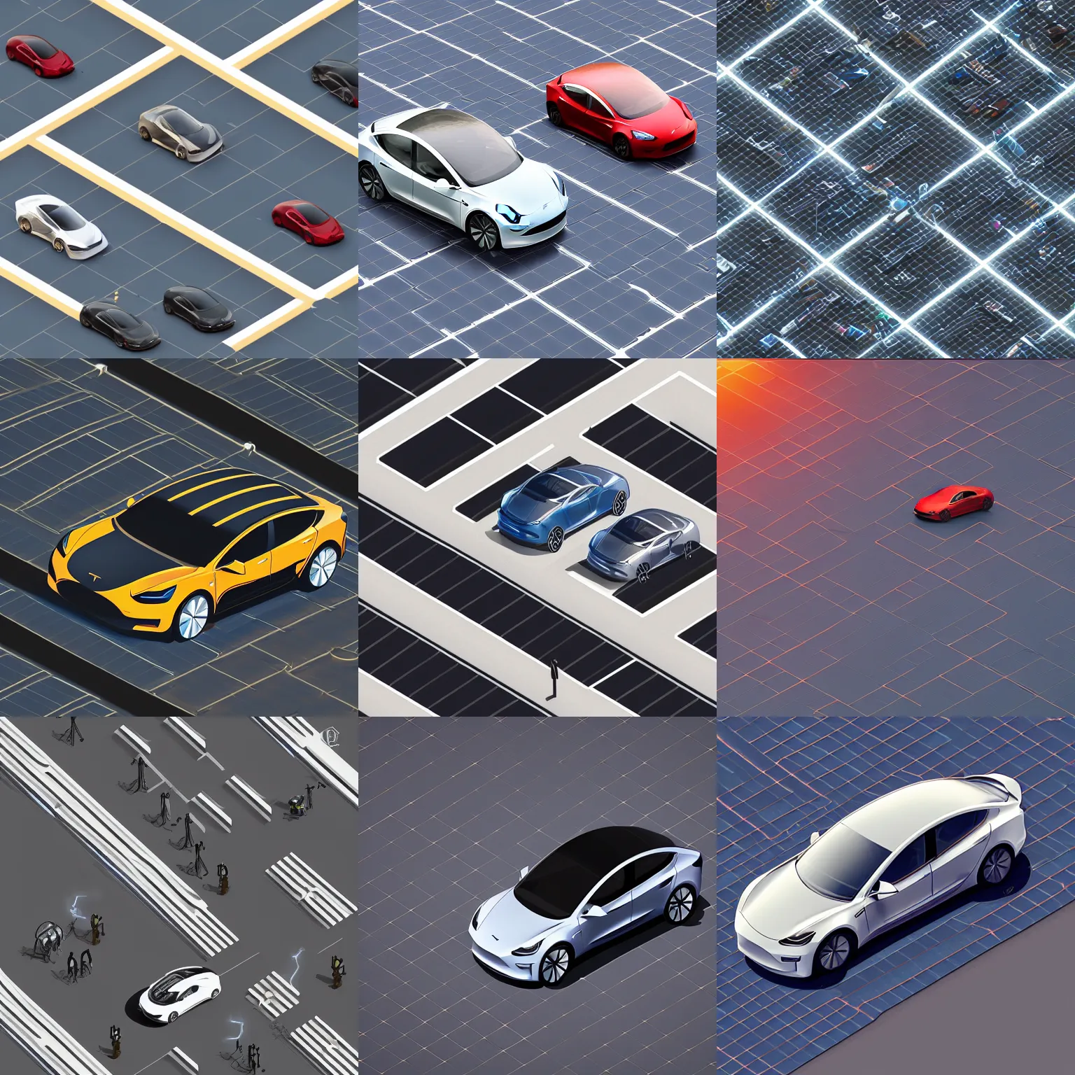 Prompt: isometric webdesign icon for tesla model 3 at solar carport, intricate, epic lighting, cinematic composition, hyper realistic, 8k resolution, unreal engine 5, by Artgerm, tooth wu, dan mumford, beeple, wlop, rossdraws, James Jean, Andrei Riabovitchev, Marc Simonetti, yoshitaka Amano, Artstation