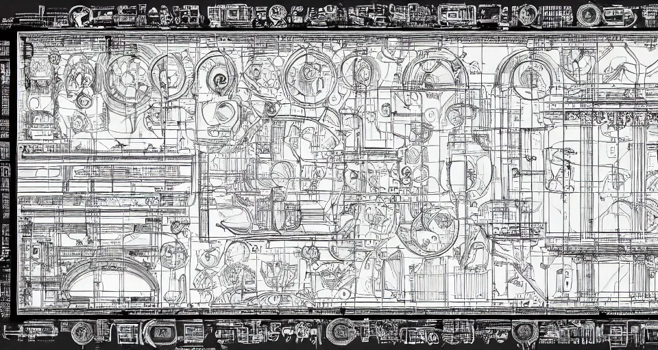 Image similar to extremely technical and detailed blueprint with precise technical details and complex diagrams. engineering diagrams, center frame, intricate details, ultra-detailed, baroque style, illustration, desaturated, concept art