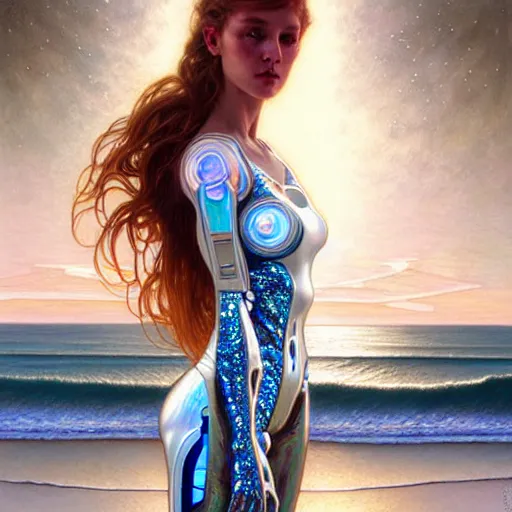 Image similar to organic cyborg dancer, white holographic plastic, shoreline, beach, sunset, fantasy, intricate, elegant, highly detailed, lifelike, photorealistic, digital painting, artstation, illustration, smooth, sharp focus, art by john collier and albert aublet and krenz cushart and artem demura and alphonse mucha