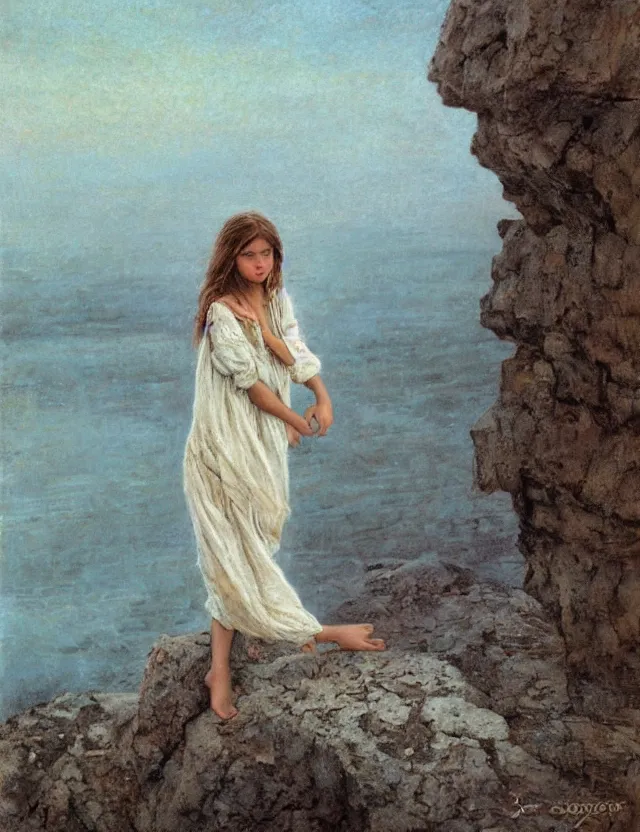 Image similar to peasant barefoot girl with long hair on wind rstanding on the edge of rock, cottage core, cinematic focus, polaroid photo bleached vintage pastel colors high - key lighting, soft lights, foggy, by steve hanks, by lisa yuskavage, by serov valentin, by tarkovsky, 8 k render, detailed, oil on canvas