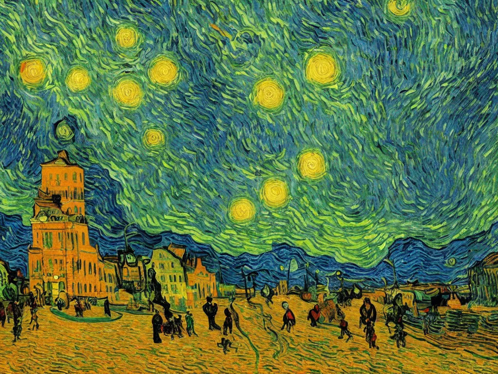 Image similar to bright beautiful oil painting of flying saucer abducting van gogh from arles france with a glowing green light, light scatter, van gogh