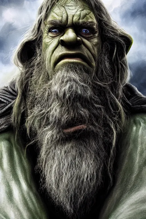 Image similar to the hulk starring as gandalf in lord of the rings, staff, white beard,, oil on canvas, intricate, 8 k highly professionally detailed, hdr, cgsociety