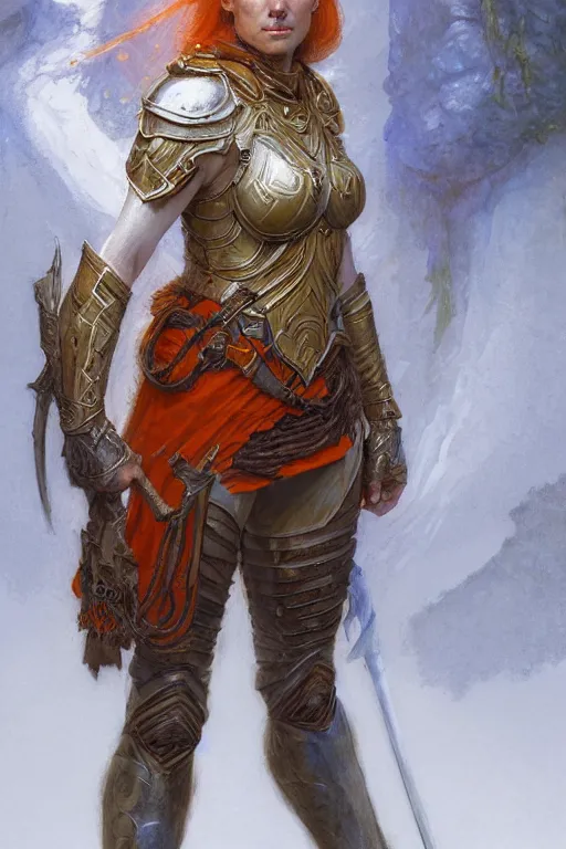 Image similar to full - body portrait of a ranger, female, white and orange breastplate, magical, high fantasy, d & d, by donato giancola, craig mullins, jeremy mann, face details, extremely detailed, digital illustration