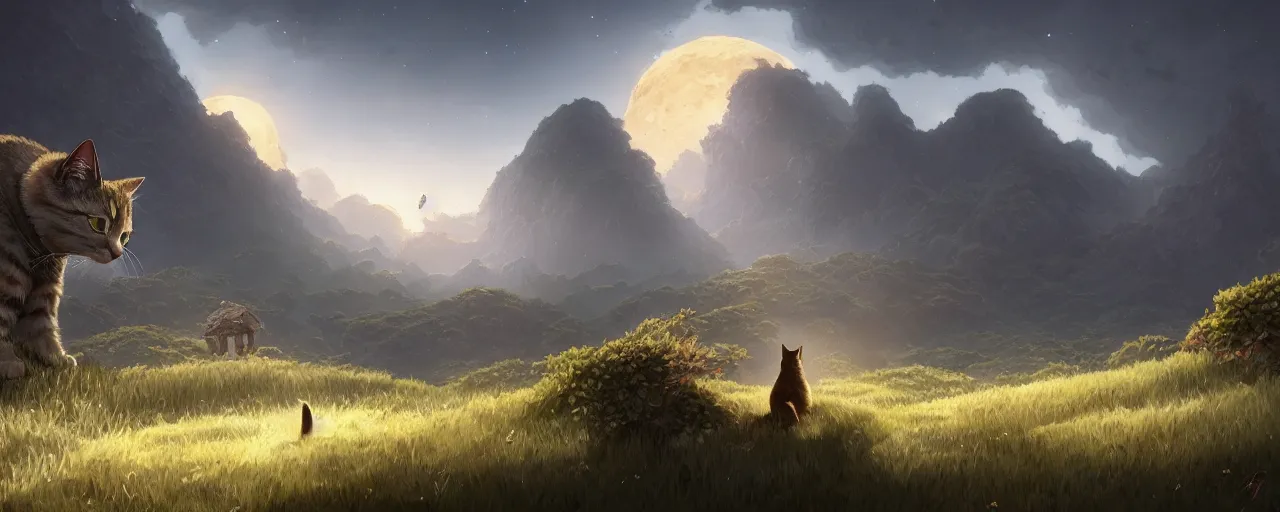 Image similar to cat on the moon, ghibli landscape illustration close floral clearing and mountains in the background, deep focus, d & d, fantasy, intricate, elegant, highly detailed, digital painting, artstation, concept art, matte, sharp focus, illustration, hearthstone, art by fire watch game and greg rutkowski, no characters