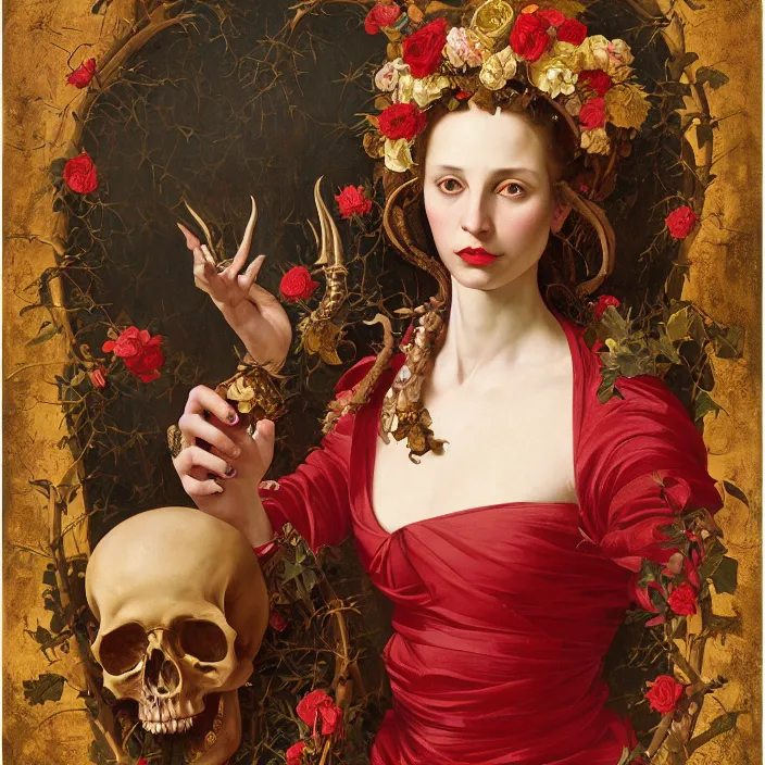 Prompt: portrait of a woman with a golden skull instead of a head, a wreath of thorns, a dress of bones and roses, horns, snakes, smoke, flames, full-length, oil painting in a renaissance style , very detailed, red background, painted by Caravaggio, Greg rutkowski, Sachin Teng, Thomas Kindkade, Alphonse Mucha, Norman Rockwell, Tom Bagshaw.