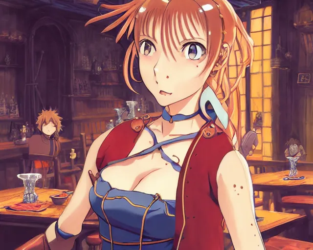 Image similar to anime visual, portrait of a young female in a busy fantasy medieval tavern interior at night, face by yoh yoshinari, murata range, last exile, blue submarine no 6, dynamic pose, dynamic perspective, detailed silhouette, rich texture, seven deadly sins anime, flat, anime cels, matte color, flat lighting on face, rounded eyes