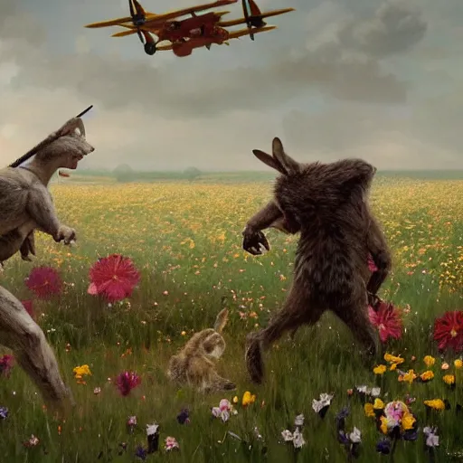 Prompt: A werewolf fighting a bunny barbarian in a field of flowers. WWII planes fly overhead, Academic painting by Greg Rutkowski, Mobile still frame. 4K UHD