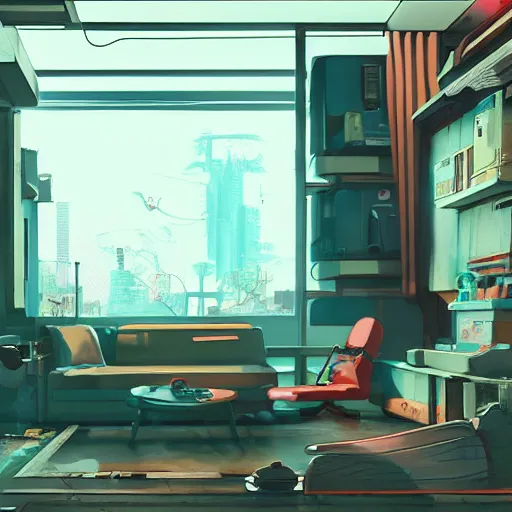 Prompt: the cyberpunk apartment, render, octane, 4k, highly detailed, vivid colors, high definition, by James Gilleard and Makoto Shinkai