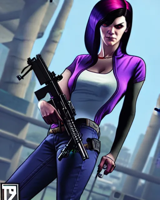 Image similar to gta 5, grand theft auto 5 cover art of widowmaker from overwatch