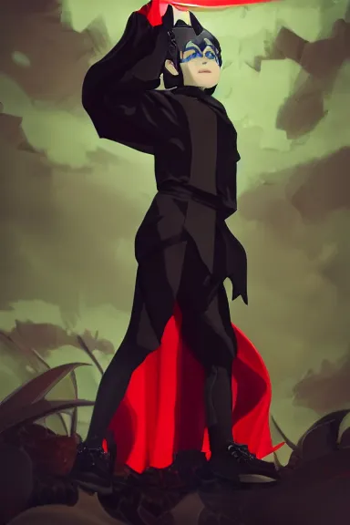 Image similar to little boy with cat ears in an black outfit with red cape. digital artwork made by lois van baarle and kentaro miura and marc simonetti, sharpness focus, inspired by hirohiko araki, anatomically correct, heroic composition, hero pose, smooth