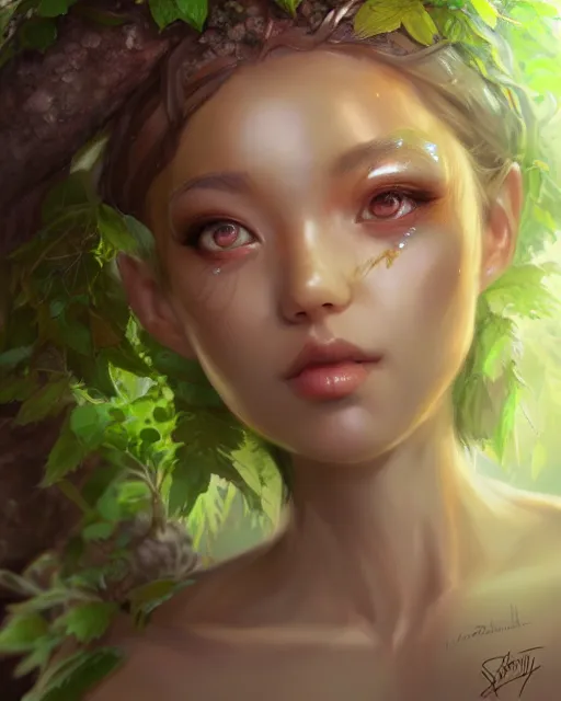 Image similar to character concept art of ssunbiki as a dryad | | foliage clothing, cute - fine - face, pretty face, realistic shaded perfect face, fine details by stanley artgerm lau, wlop, rossdraws, james jean, andrei riabovitchev, marc simonetti, and sakimichan, tranding on artstation