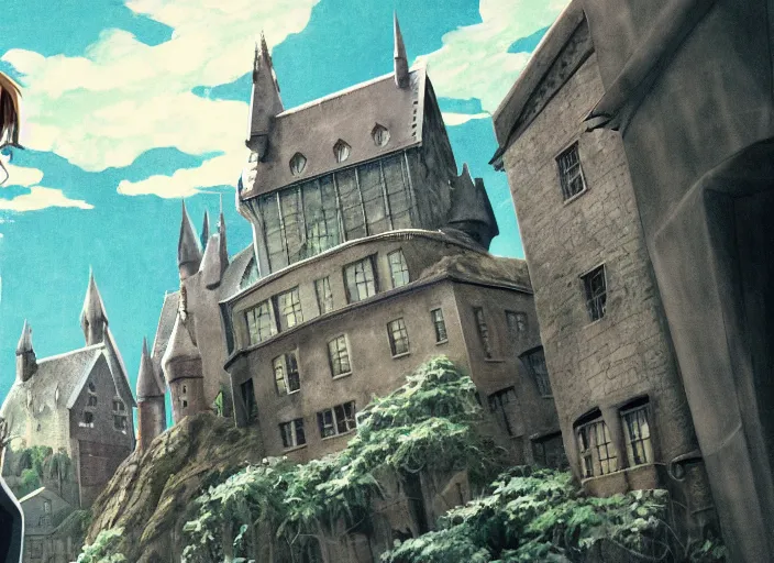 Image similar to film still of Harry Potter and the Chamber of Secrets Artwork by Dice Tsutsumi, Makoto Shinkai, Studio Ghibli, Cinematic composition