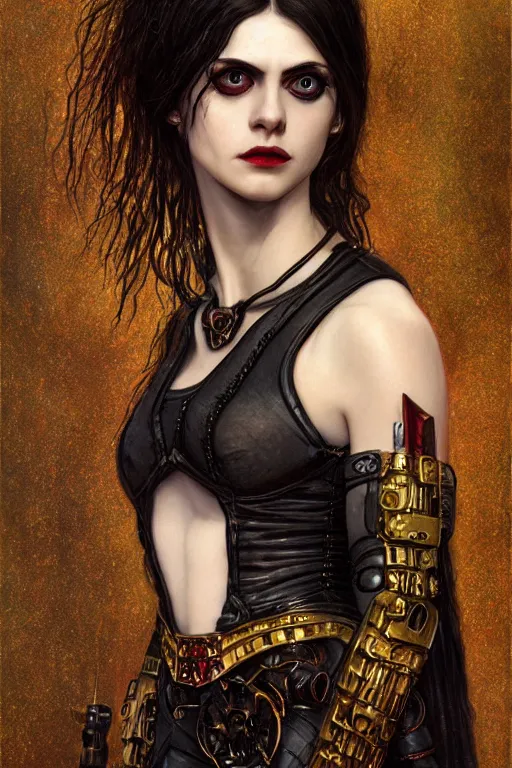 Image similar to portrait of beautiful gothic Alexandra Daddario, cyberpunk, Warhammer, highly detailed, artstation, illustration, art by Gustav Klimt