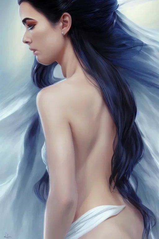 Prompt: back portrait of Ameera al-Taweel, blue eyes, long wavy black hair, fierce look, white veil, closeup, focus face, elegant, highly detailed, centered, digital painting, artstation, concept art, art by artgerm and donato giancola and Joseph Christian Leyendecker, Ross Tran, WLOP