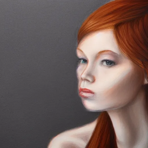 Prompt: drawn portrait of a petite redhead, confuse, grey background