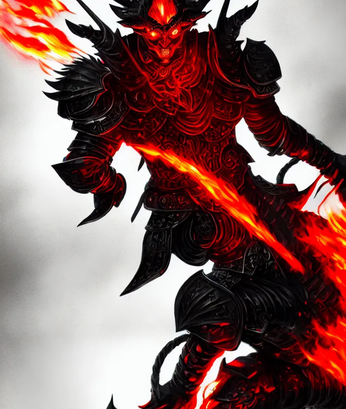 Image similar to a detailed manga character illustration of a dark warrior in black plated armour surrounded by red flames, trending on artstation, digital art, 4 k resolution, detailed, octane render, high quality, sharp focus, hq artwork, insane detail, concept art, character concept, character illustration, full body illustration