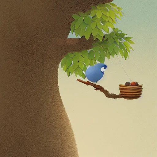 Prompt: A little bird trying to carry fruit from the ground to the tree where the nest is with its young, ilustration art by Goro Fujita