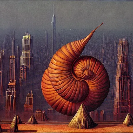 Prompt: a giant snail stands over a city painting by barlowe, behsinski colors. masterpiece painting