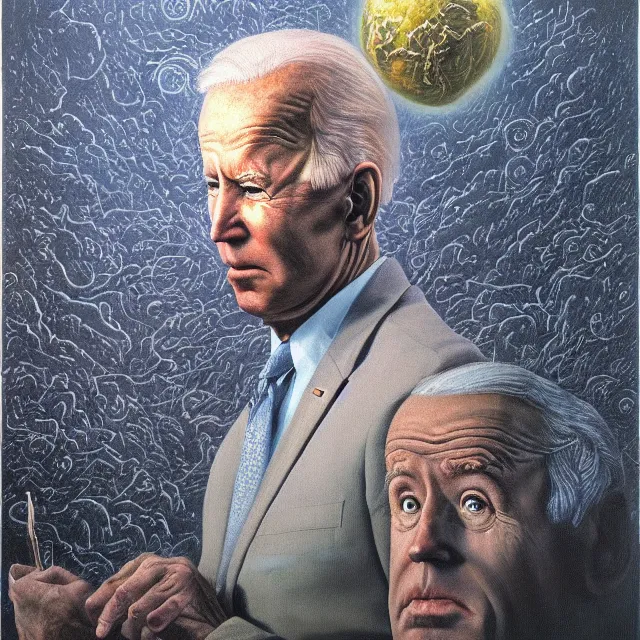 Image similar to an oil on canvas portrait painting of joe biden, surrealism, surrealist, cosmic horror, rob gonsalves, beksinski, high detail