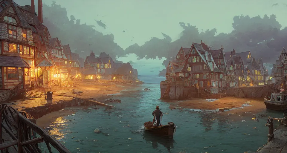 Image similar to highly detailed victorian cornish fishing village, stephen bliss, unreal engine, greg rutkowski, loish, rhads, beeple, makoto shinkai and lois van baarle, ilya kuvshinov, rossdraws, tom bagshaw, tom whalen, alphonse mucha, global illumination, god rays, detailed and intricate environment