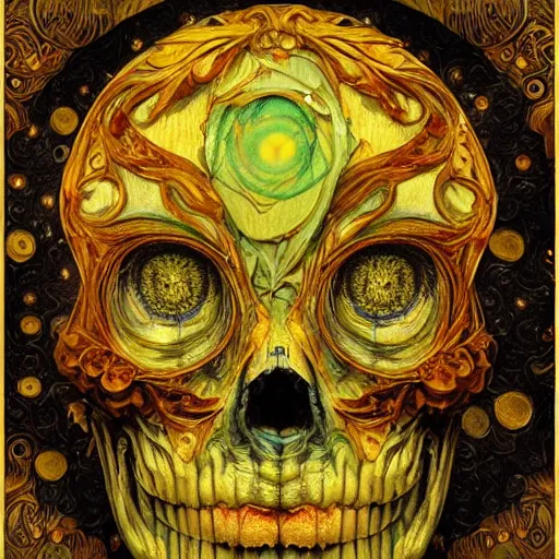 Prompt: Memento Mori by Karol Bak, Jean Deville, Gustav Klimt, and Vincent Van Gogh, beautiful visionary mystical calavera portrait, otherworldly, botanical organic fractal structures by William Morris, ornate gilded medieval icon, third eye, spirals