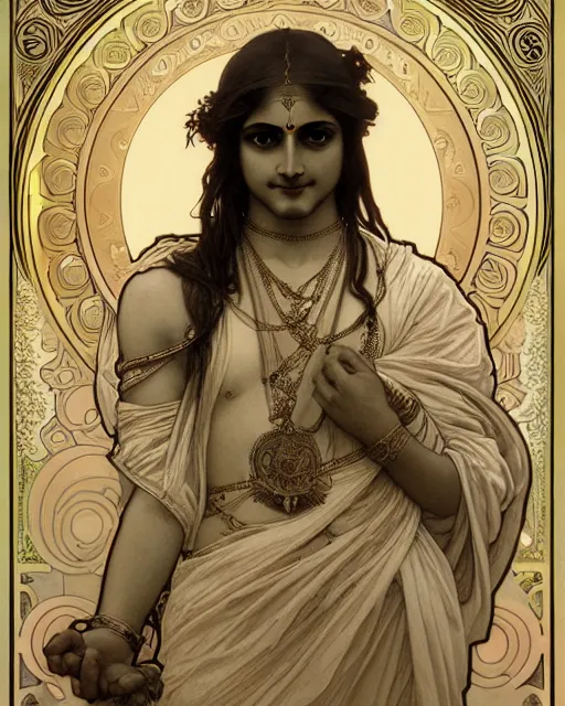 Image similar to amazing lifelike award winning pencil illustration of Krishna in style of Alphonse Mucha, trending on artstation, artgerm, Greg rutkowski, alphonse mucha, William-Adolphe Bouguereau, cinematic, epic Lighting, photorealistic, Octane render, Unreal Engine, Art nouveau